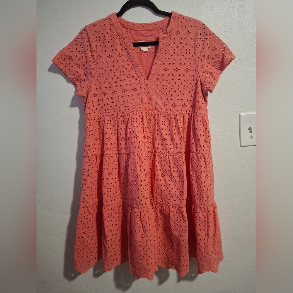 Anthropologie Maeve Pink/Coral Eyelet Dress Size L. - Picture 1 of 8